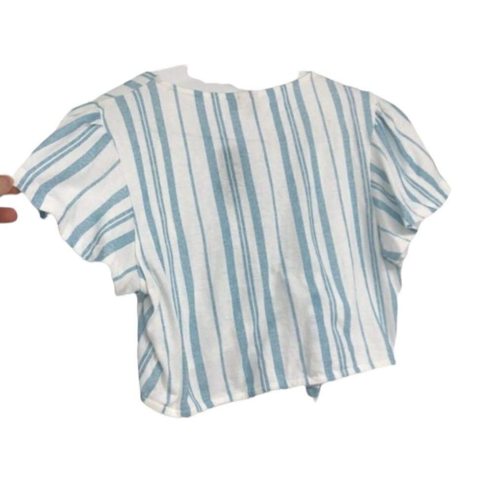 TWIK Simons blue white stripe tie front short sleeve crop top M - Picture 2 of 14